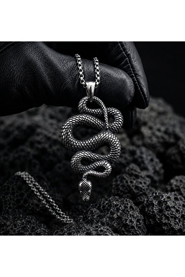 Stainless Steel Antique Silver Color Gothic Style Mystical Snake Pendant