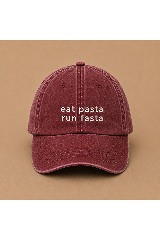 قبعة قابلة للغسل بتصميم عتيق مكتوب عليها Eat Pasta Run Fasta