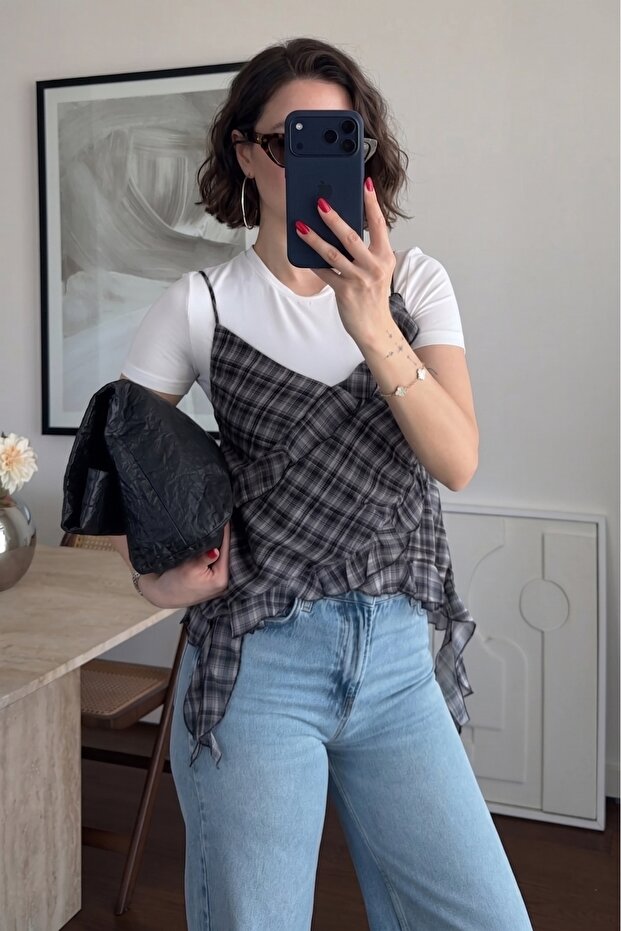 Women's Plaid Patterned Thin Strap Tulle Blouse Anthracite