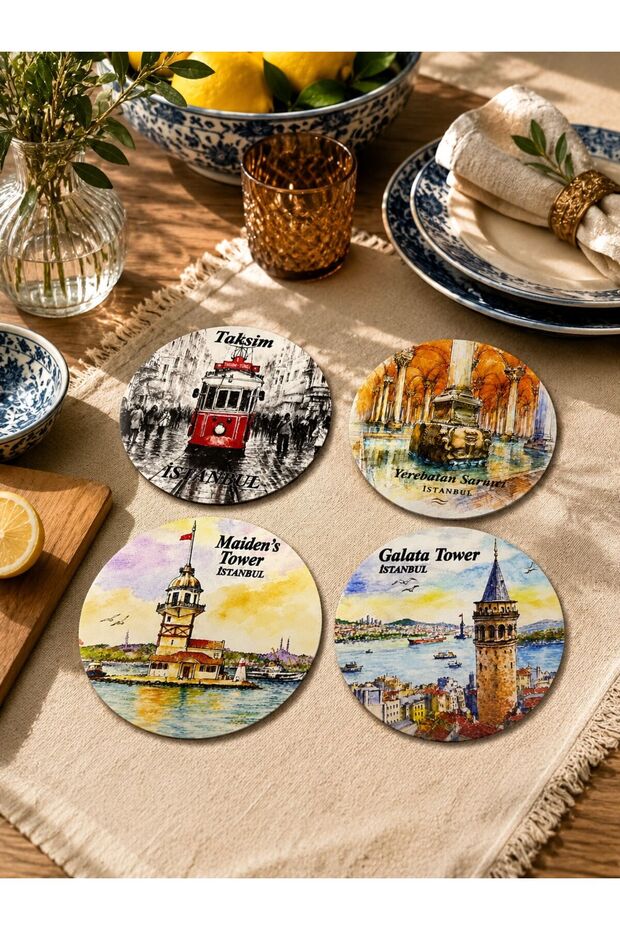 Istanbul Portrait Set of 4, 9 cm Mdf Uv Printed Decorative Coasters