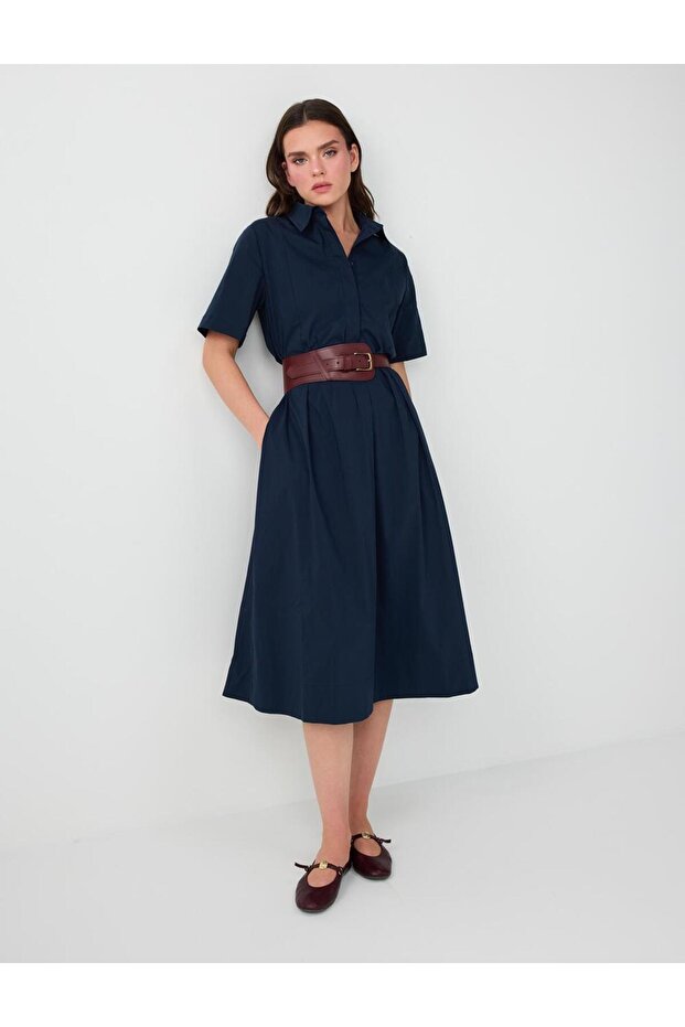 Navy Blue Shirt Collar Short Sleeve Cotton Dress