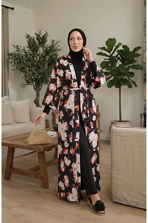 Patterned Belted Kimono 1908-02 Black - 2