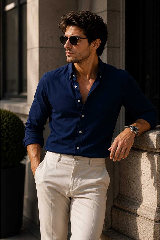 Fit Cut Cotton Linen, Breathable, Light Textured, Button-Up Collar, Men's Linen Shirt