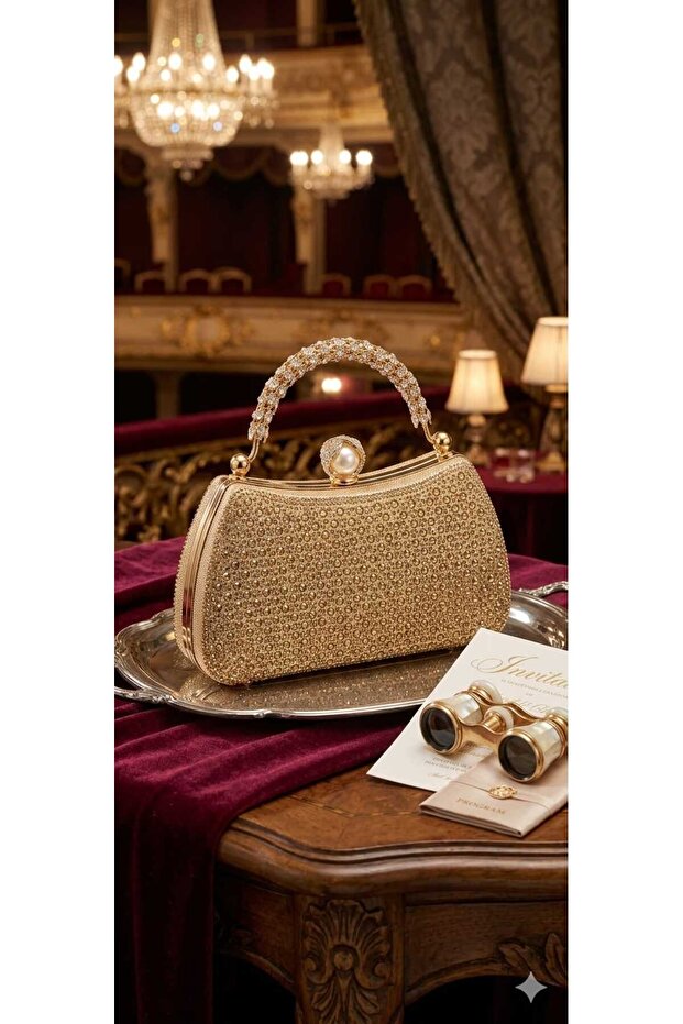 Pearl and Stone Patterned Zircon Stone Evening Dress Bag, Handbag, Silver with Pearl Stones