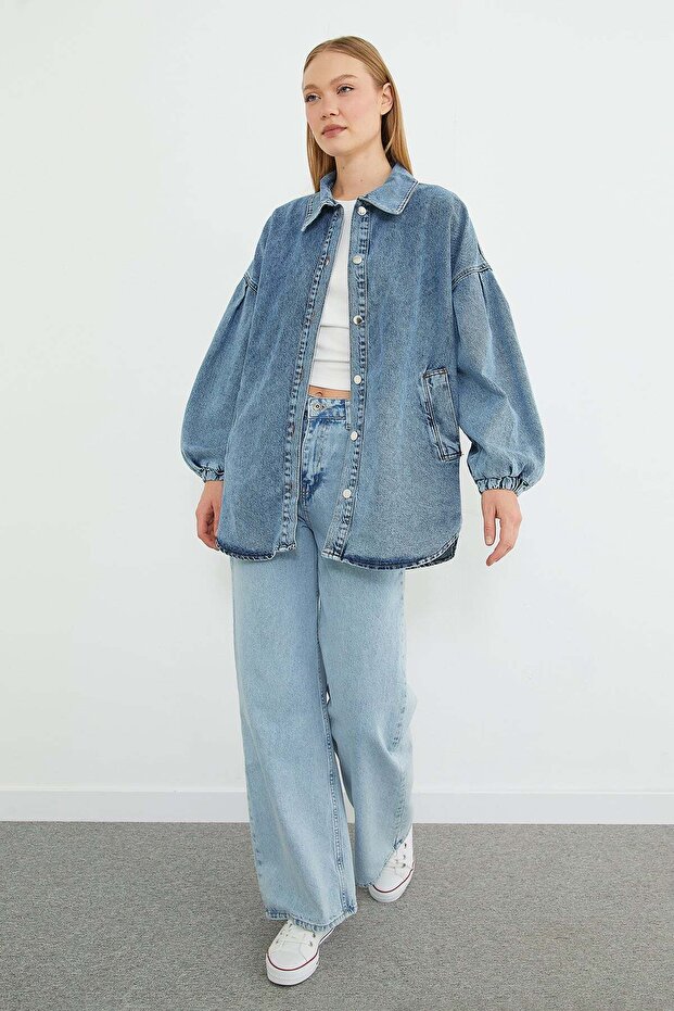 Balloon Cuff Oversized Denim Jacket - 5