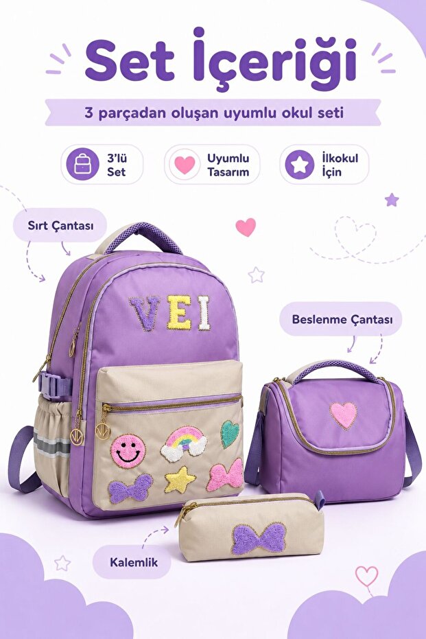 Galb Purple Tr2 3-Piece Primary School Bag Set Girls' Backpack + Foil-Lined Lunch Box +