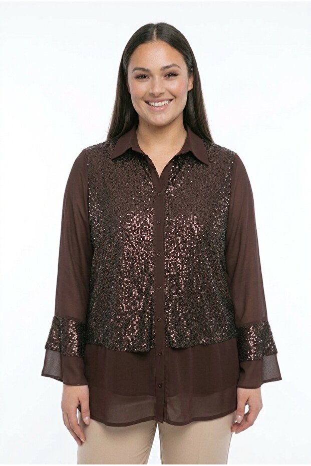 Women's Sequined Long Sleeve Plus Size Chiffon Shirt