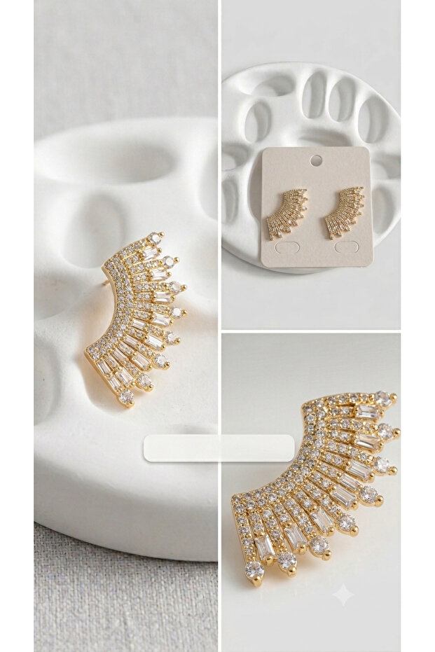 Gold Fan-Shaped Baguette Stone Earrings