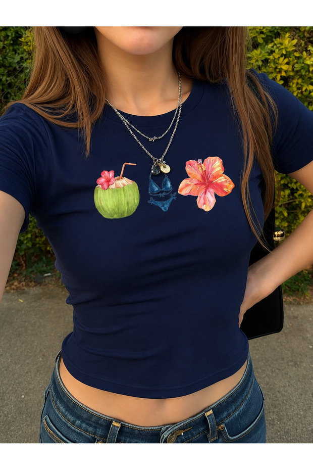 Women's Summer Enjoyment Printed Crew Neck Tight Crop Tshirt