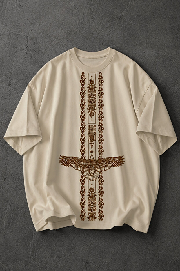 100% Cotton Oversize Men's T-Shirt Ethnic Eagle Printed Premium Streetwear Ecru