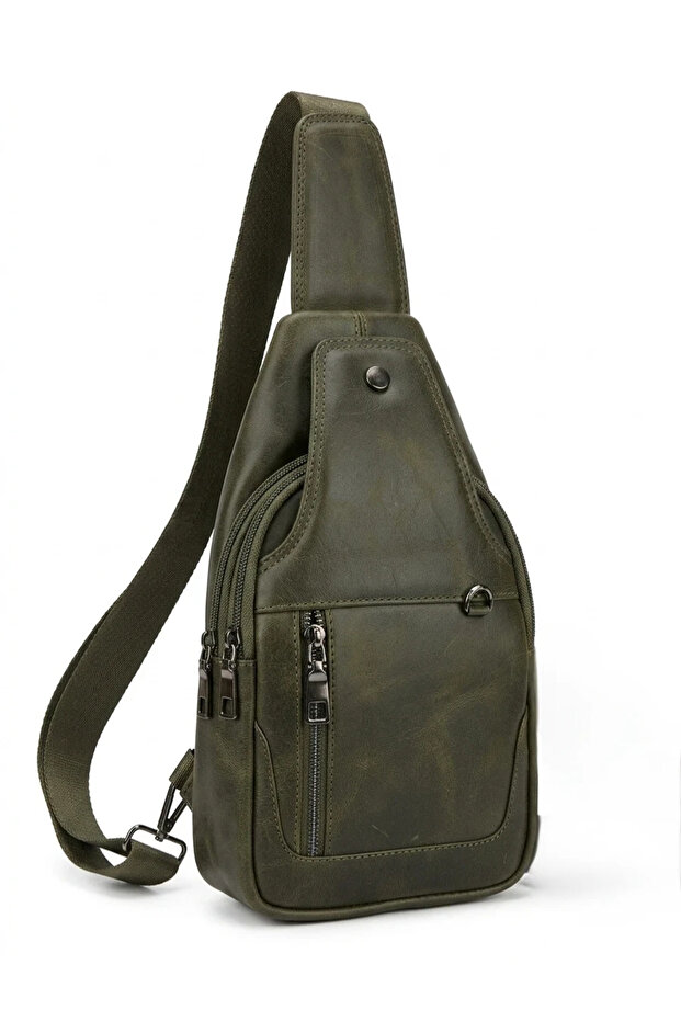 Genuine Leather Men's Crossbody Chest Bag - Multi-Compartment Body Bag Sling Bag