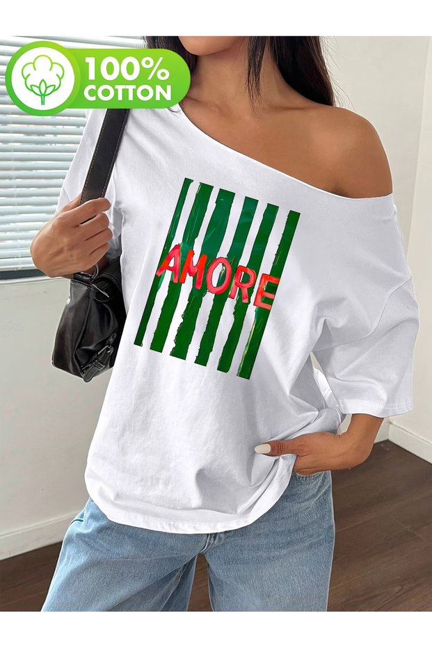 Women's Amore Printed Boat Neck Off Shoulder 100% Cotton T-Shirt