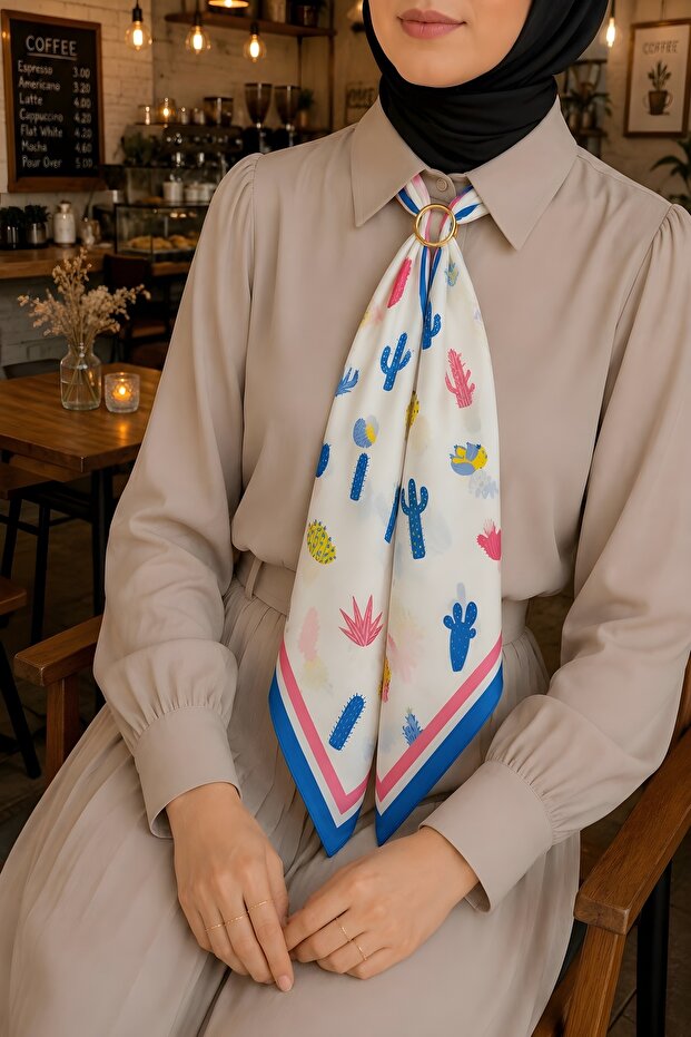 Cobalt Blue Cactus Patterned Scarf