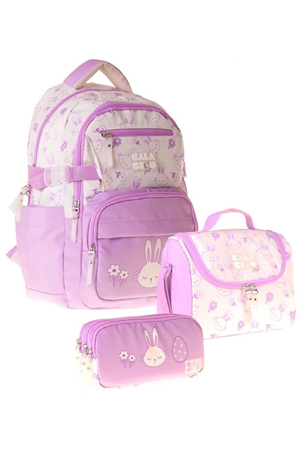 Rabbit Printed Lilac Girls' Triple Primary School School Bag Set - Setcc-C4041A