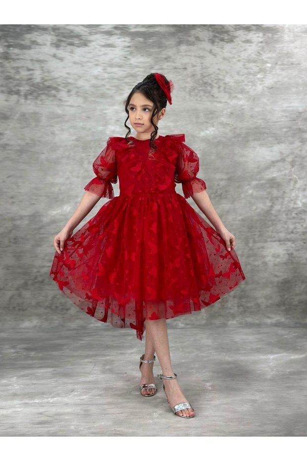 Stylish Burgundy Girls' Dress – Flounce Collar, Butterfly Patterned Tulle, and Asymmetrical Hem