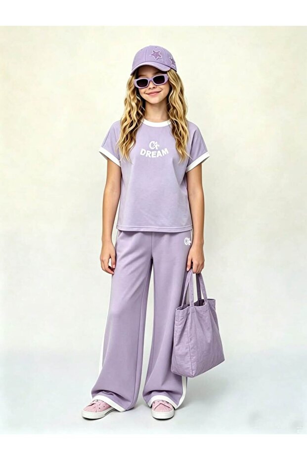 Dream Printed Lilac White Piping Children's Summer Bottom Tracksuit Set Cotton