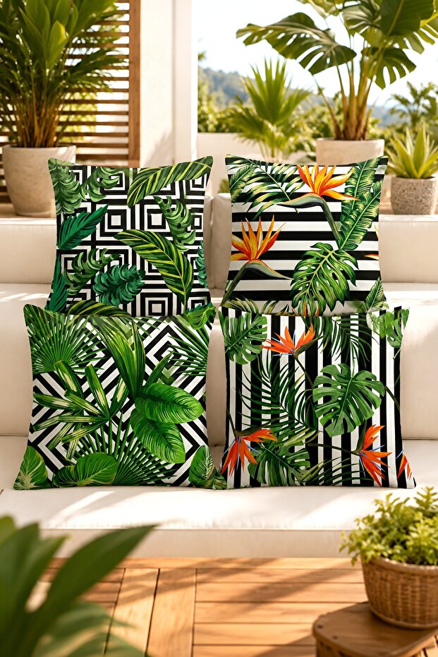 Green Botanical Patterned 4-Piece Throw Pillow Cover Set
