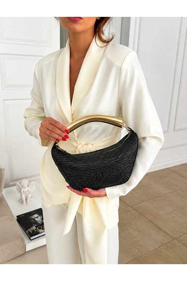 Women's Metal Handle Design Hand and Shoulder Bag Black