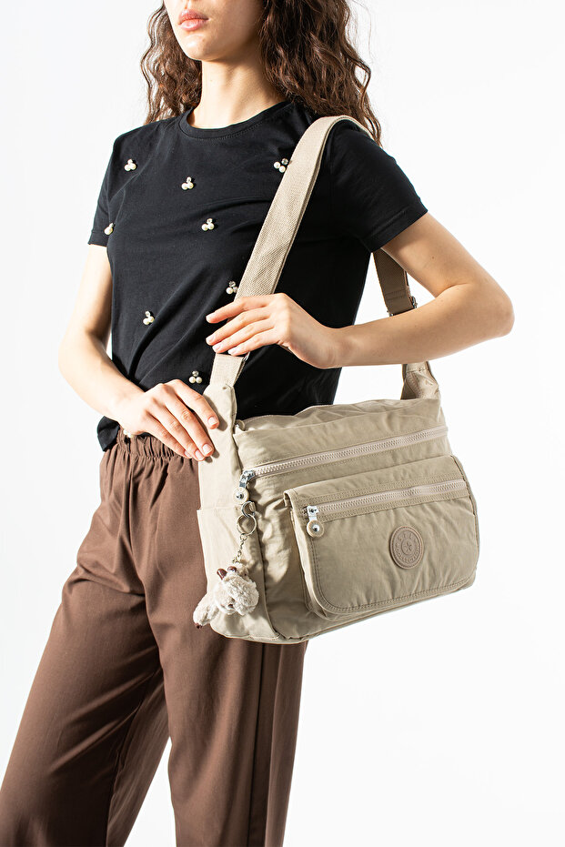 Klinkır Multi-Pocket Water-Resistant Beige Crinkle Shoulder Bag / Shoulder Bag