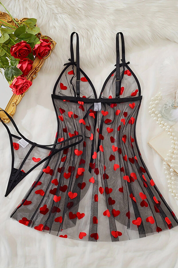 Heart Patterned Black Transparent Nightgown Tm1378