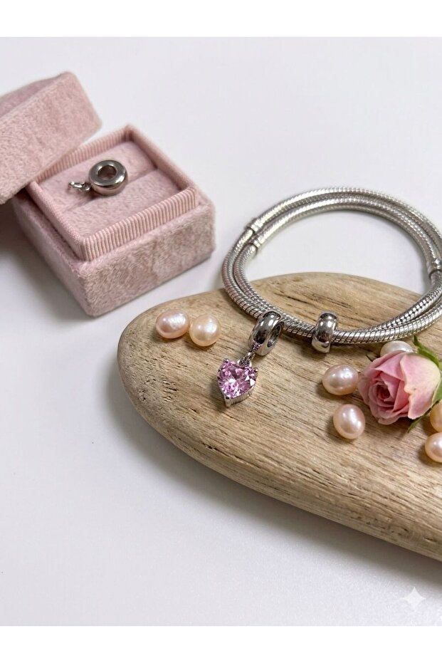 Pink Stone Heart Silver Charm - Romantic Heart Bracelet and Necklace Charm
