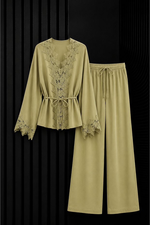 Light Khaki Tencel Guipure Lace Shirt and Pants Set