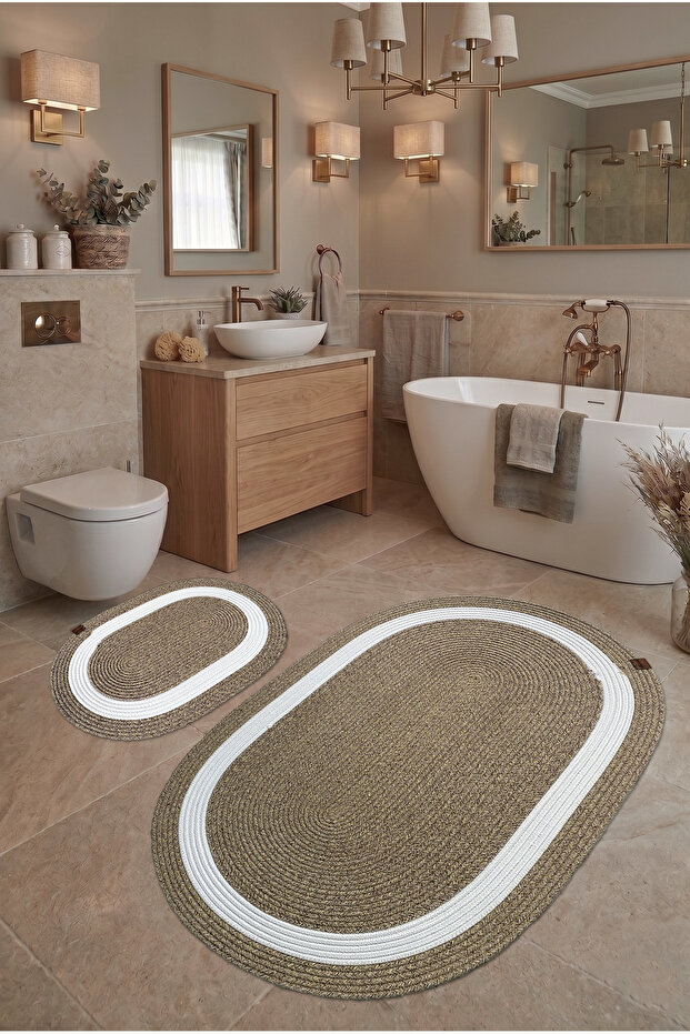 Avanos 2-Piece Bohemian Jute Natural Straw Machine Washable Absorbent Bath Mat Set