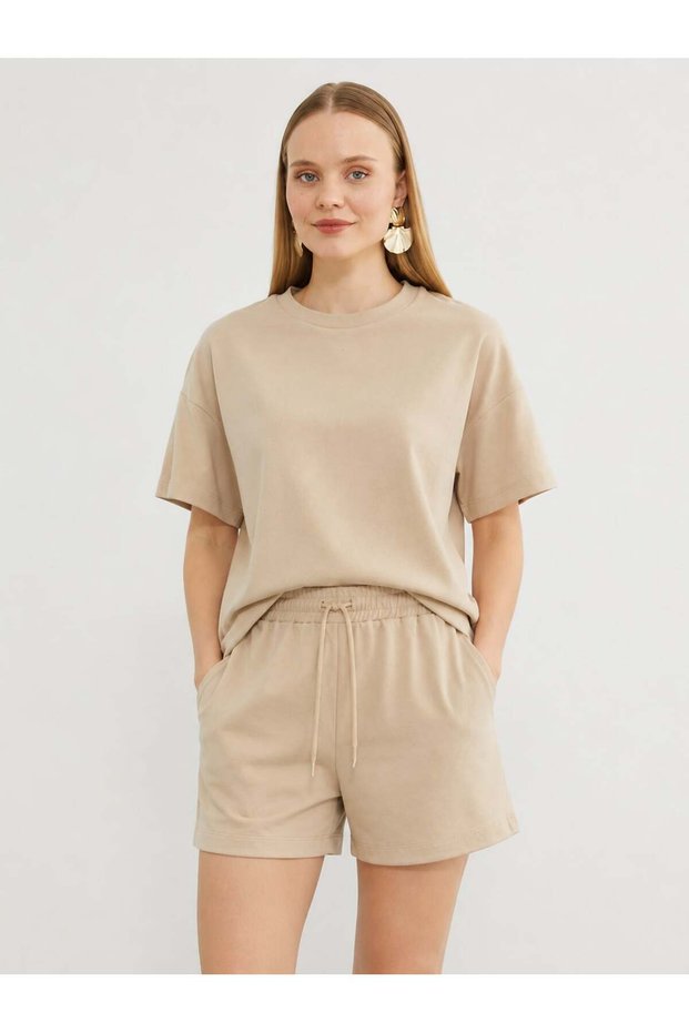 Women's Crew Neck T-Shirt with Pockets and Elastic Waist Shorts Modal Fabric 2-Piece Set 955