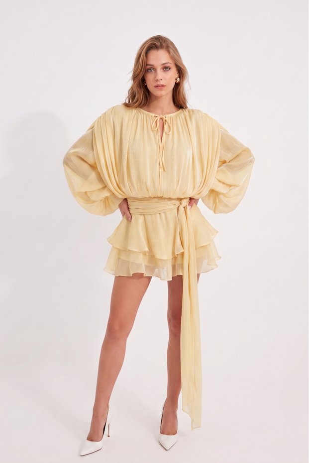 Women's Yellow Premium Trend Shiny Fabric Flowing Balloon Sleeve Skirt Ruffle Shorts Dress Ely-38990001