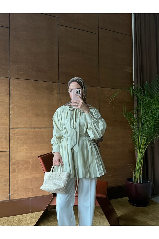 Women's Pleated Front and Waist-Tie Hijab Shirt