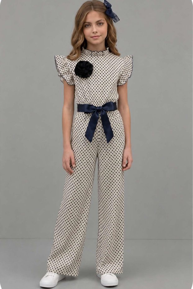 Girl's Beige Jumpsuit with Ruffle Detail on the Collar and Shoulders and Polka Dots All over