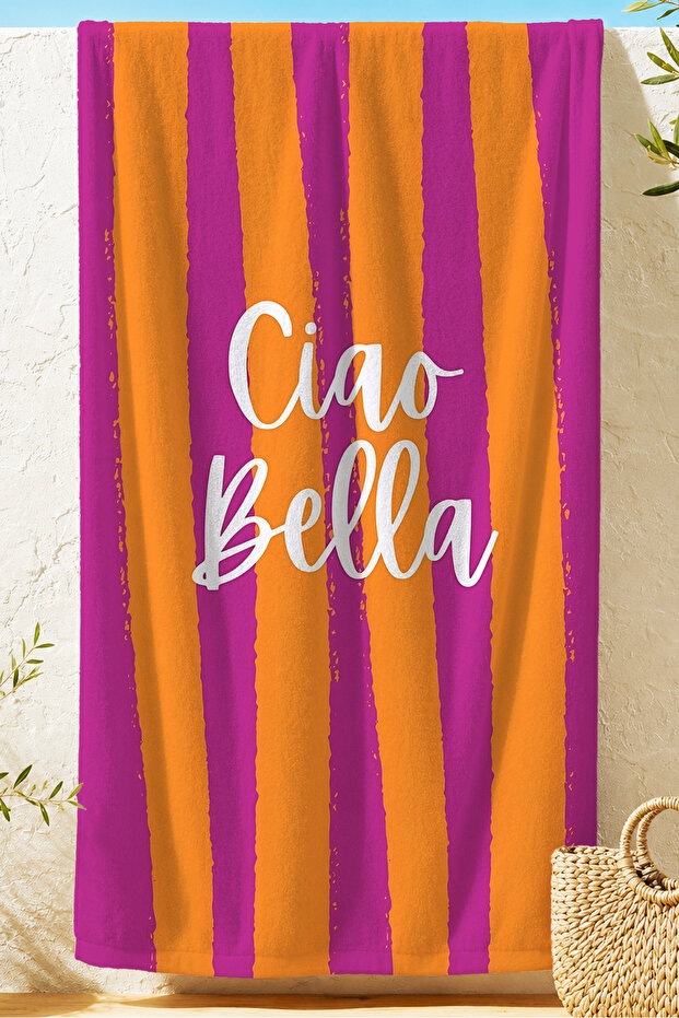 Striped Ciao Bella Written Fuchsia Orange Beach Towel - Vibrant Colorful Quick-Drying Microfiber Towel