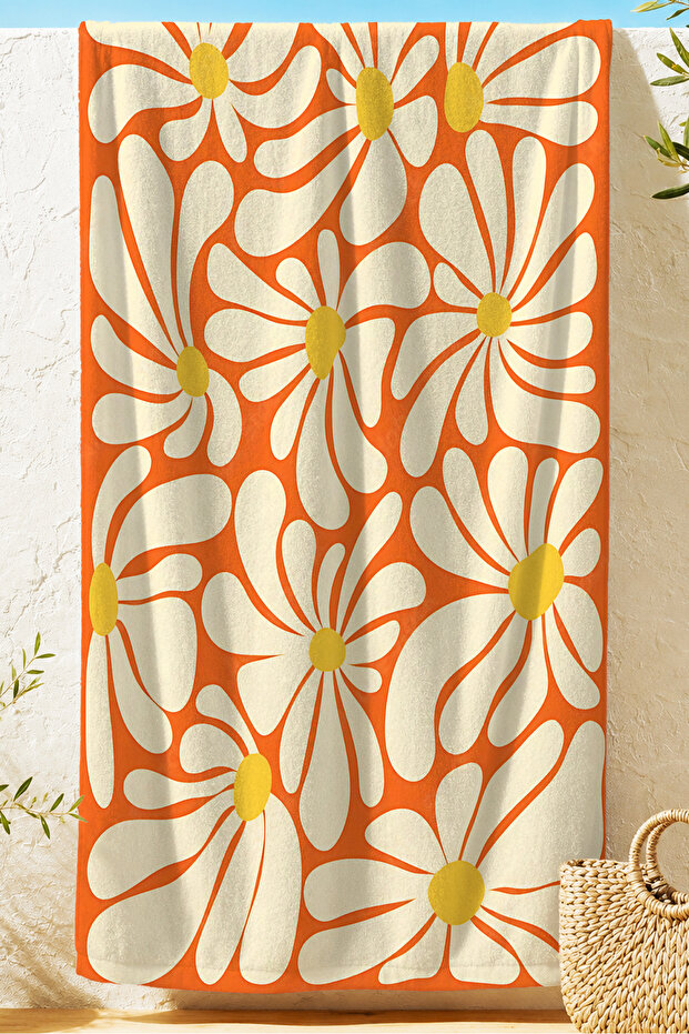 Orange Beach Towel with Daisy Flowers - Retro Bohemian Yellow White Pool Sea Bath Beach Cover
