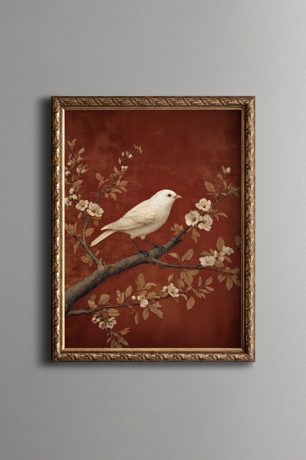 White Bird and Floral Branch Painting - Vintage Patterned Frame - Slim Model