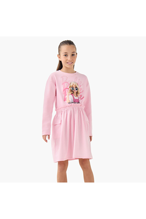 Round Neck Long Sleeves Dress with Barbie Print