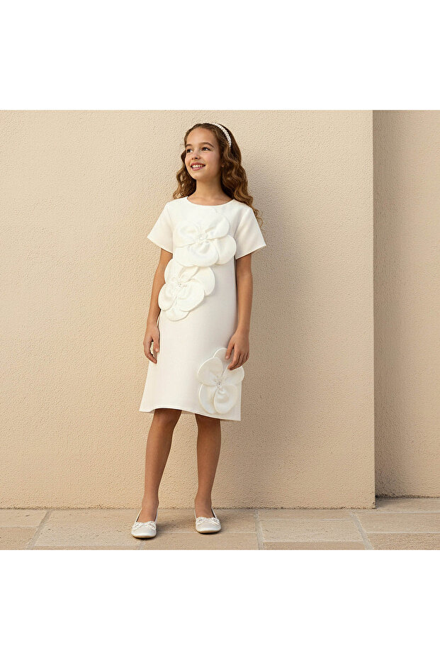 Round Neck Short Sleeves Dress with Floral Applique