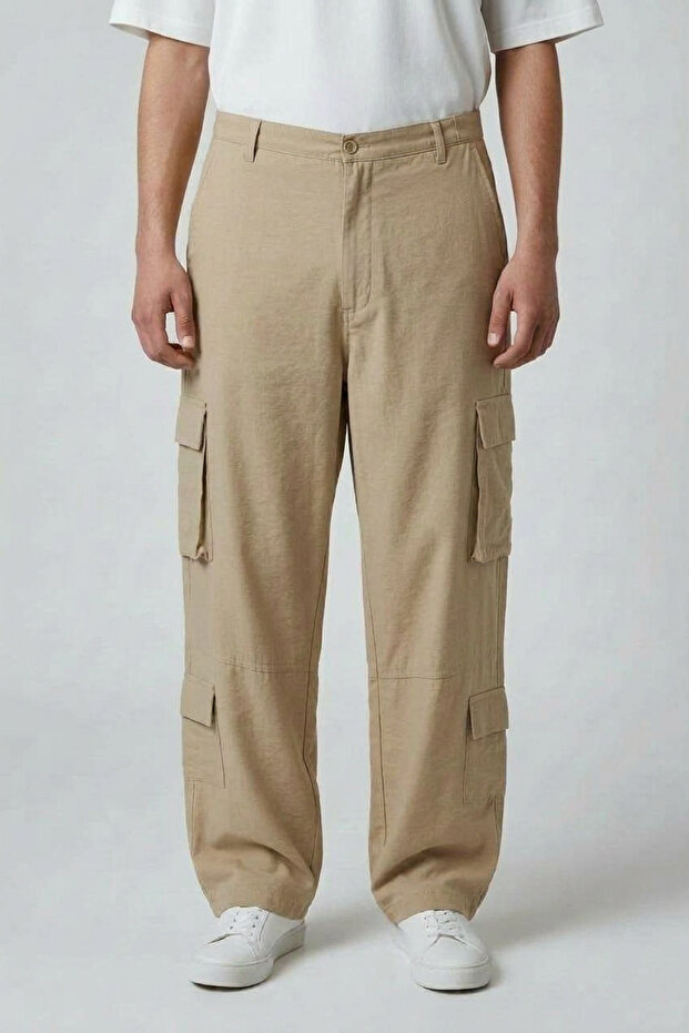 Men's Premium Imported Summer Linen Blend Breathable Baggy Fit Jogger Relaxed Pants with Cargo Pockets