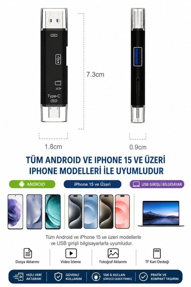 قارئ بطاقات OTG 5 في 1 - USB، Type-C، Micro USB، Micro SD (جميع موديلات أندرويد وآيفون 15 وما فوق) - 3
