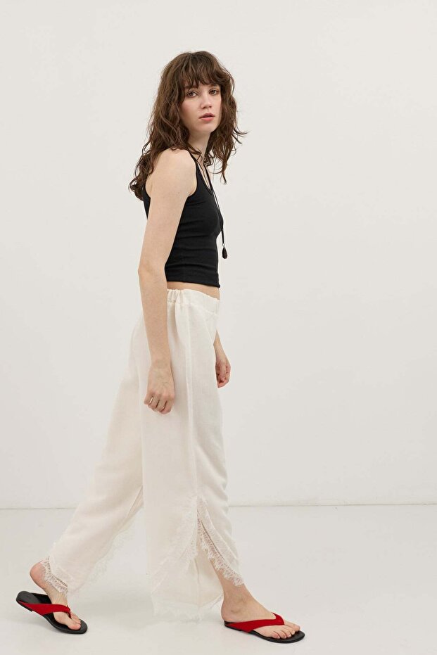 Ecru Lace Embroidered Women's Trousers