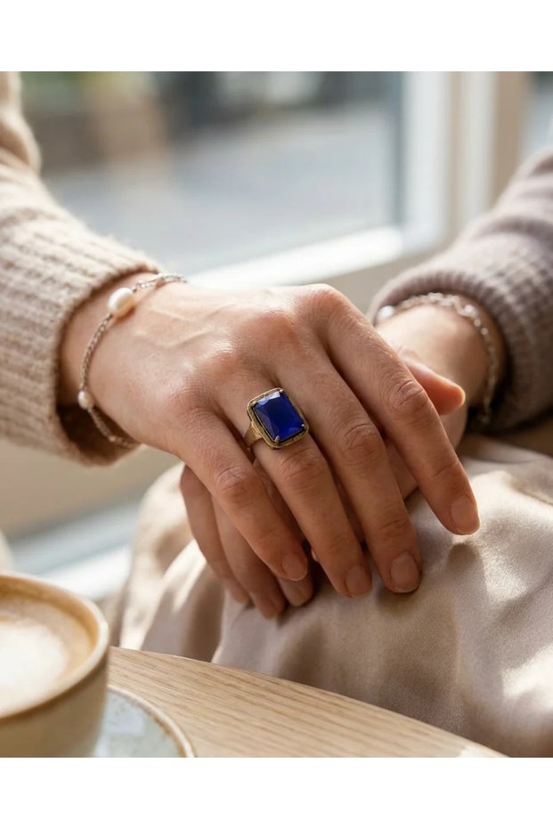 Bronze Women's Ring Authentic Brass Plated Rectangular Navy Blue Cat's Eye Stone Adjustable Vintage