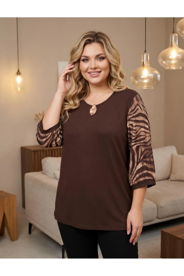 Women's Plus Size Brown Blouse with Zebra Print Sleeves and Front Window Detail