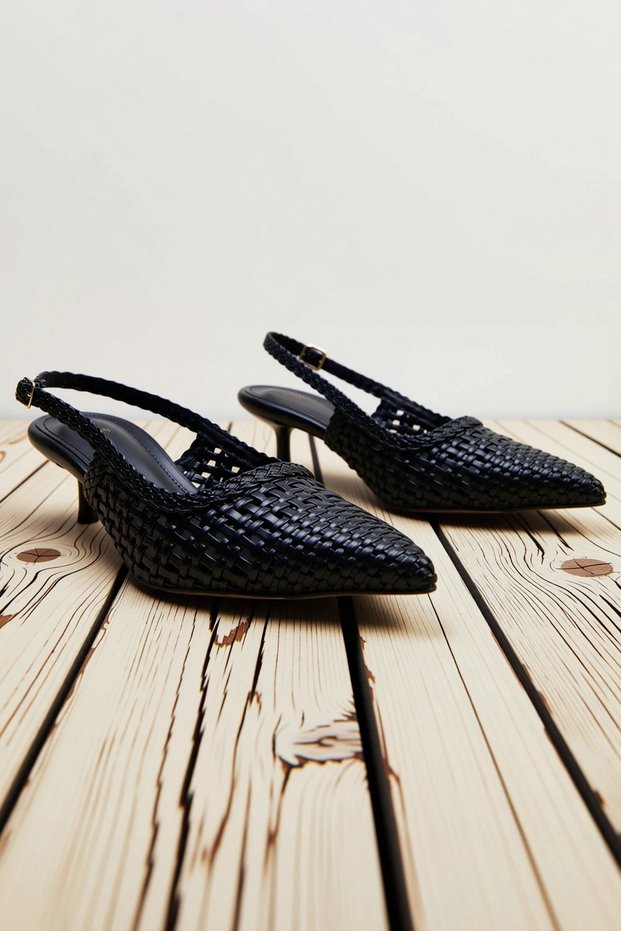 Women's Pointed Toe Thin Heeled Sling Back Knitted Pattern Faux Leather Shoes Daily Comfortable Modern Stylish