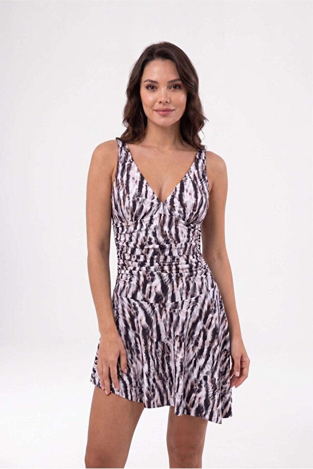 Women's Black and White Patterned Thick Strap Slit Dress Swimsuit