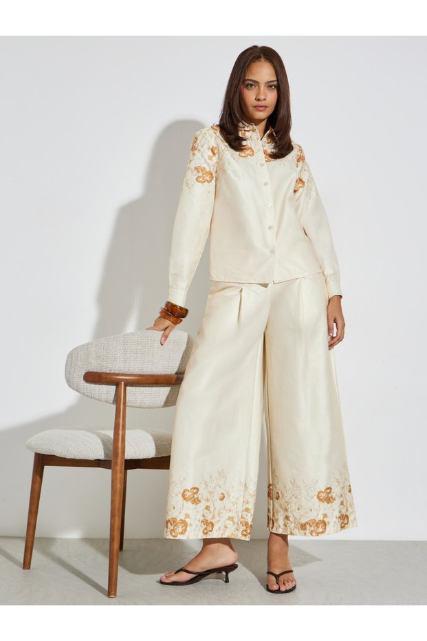 Cream Printed Shirt and Wide Leg Pants Set
