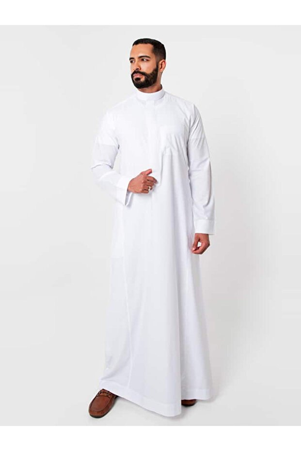 ثوب رجالي كلاسيكي بسحاب، أبيض - 55 بوصة