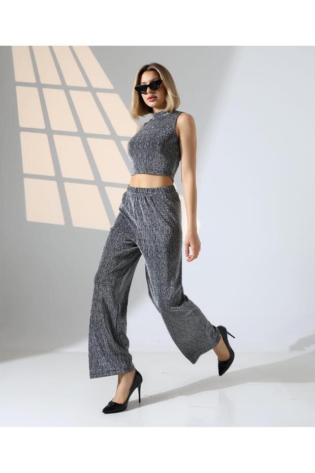 Silver Glitter Stone High Neck Crop Top and Wide Leg Pants Two-Piece Set
