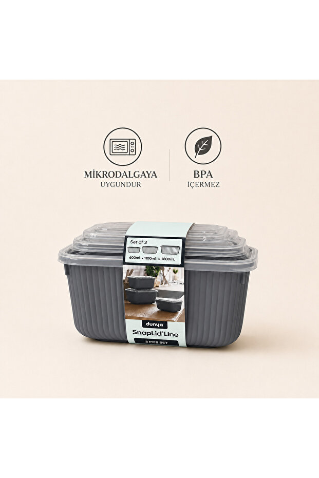 3-Piece Multi-Purpose Storage Container Set 600 ml 1100 ml 1800 ml Microwave Compatible Food Storage Container