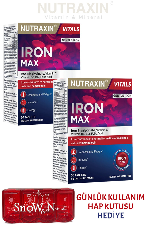 Iron Max Bisglucinate Formula 17 Mg Timed-Release Iron, Vitamin C, Vitamin B6, Folic Acid, Vitamin B12 (2 Pcs) + Pill Box Gift