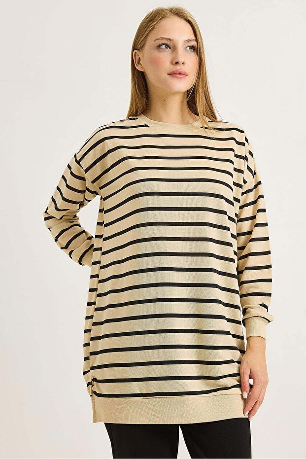 Women's Striped Crew Neck Tunic Black