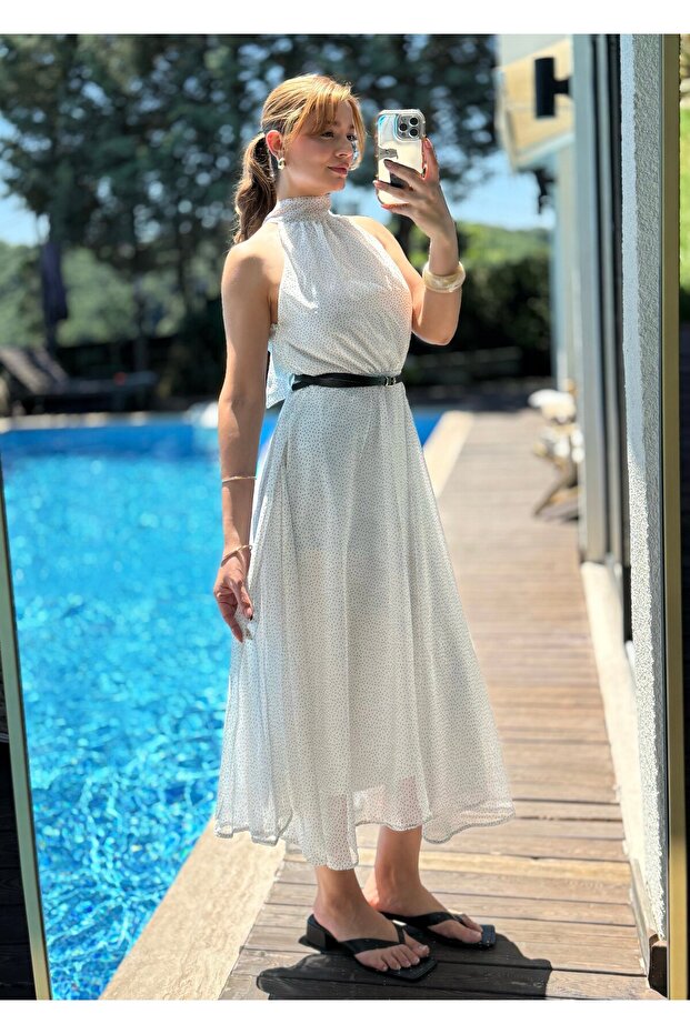 Women's self-scarf neck strap lined polka dot midi dress white